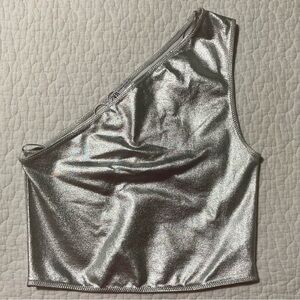 Zara‎ Silver One-Shoulder Metallic Stretch Crop Top